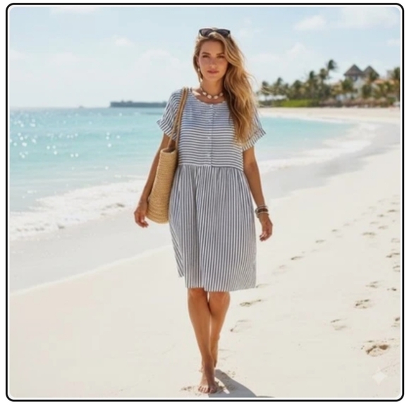 Laura Bianchi Dresses & Skirts - Laura Bianchi Navy White Striped Short Sleeve Dress Linen Size XS
